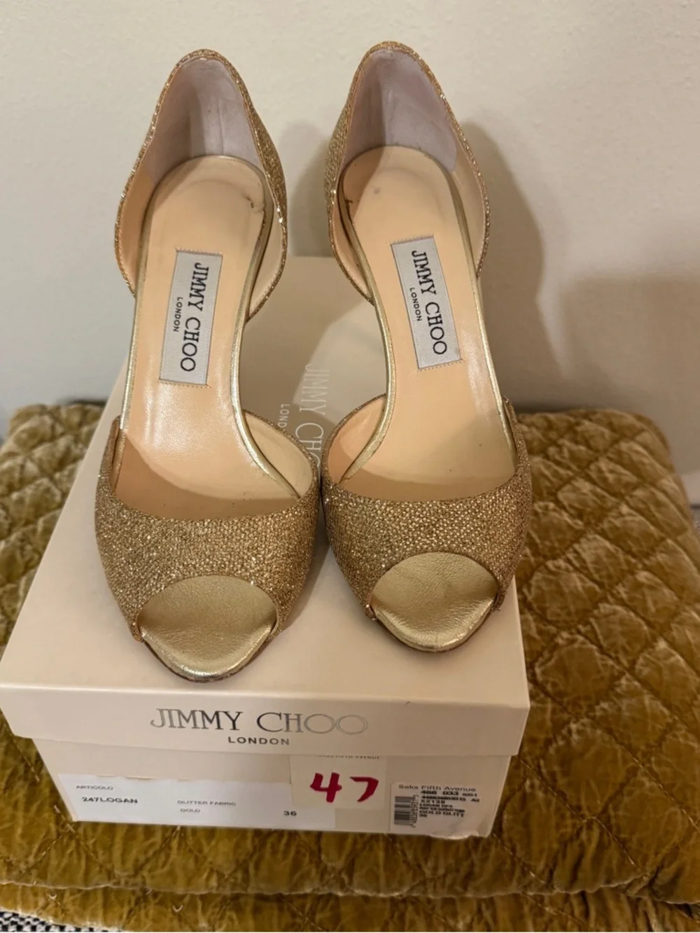 Jimmy Choo Gold Glitter Peep-Toe Heels - Picture 1 of 4